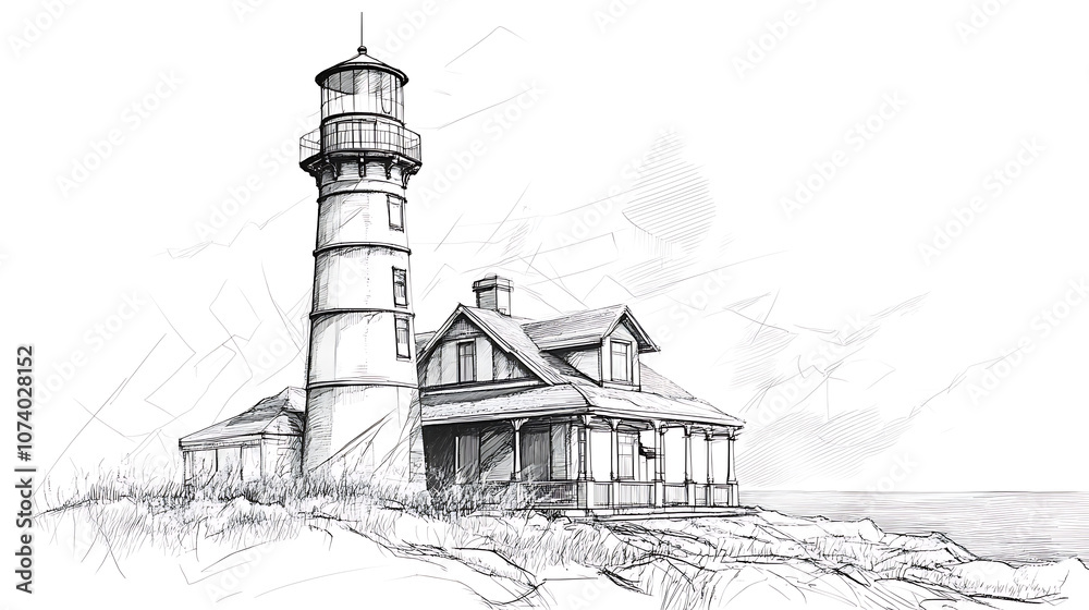 Poster Lighthouse in style pen architecture building beacon