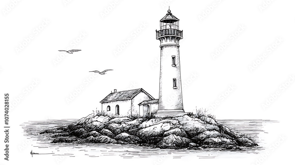 Poster Lighthouse in style pen architecture building beacon