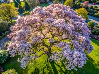 Aerial View of a Majestic Magnolia Tree in Full Bloom Surrounded by Lush Greenery Showcasing the Beauty of Nature's Springtime Splendor Captured from Above