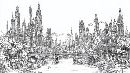 Obraz premium Intricate line art of city skyline with buildings, bridges, and trees against a bright white background