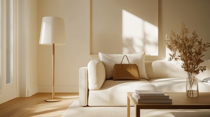 A cozy room with a lamp, soft sofa, and sunny atmosphere featuring a handbag on the table