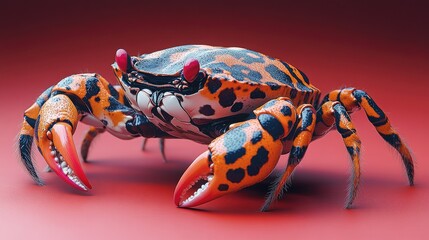 A vibrant orange and black crab with red claws stands on a red background.