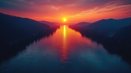 Fototapeta premium A vibrant sunset over a calm lake with mountains in the distance.
