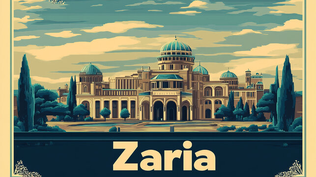 Zaria, Nigeria, modern french vintage travel poster with bold title text. Cityscape and city skyline.Classic traditional. Clear, simple, trendy