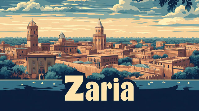 Zaria, Nigeria, modern french vintage travel poster with bold title. Cityscape and city skyline.Classic traditional. Clear, simple, trendy