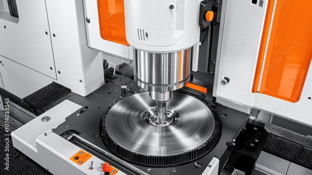 Poster close-up of a rotating metal disk being worked on by a manufacturing machine