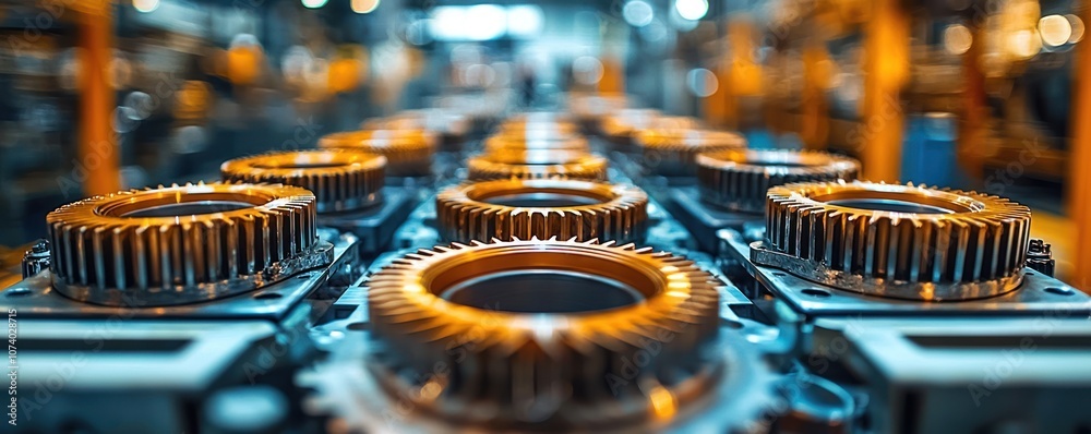 Poster close-up of metallic gears in an industrial setting