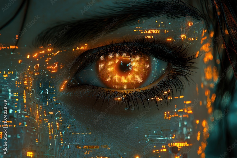 Poster a close-up view of a human eye with a digital interface overlay