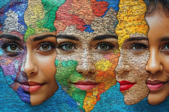 Women faces merging with colorful world map promoting cultural intelligence
