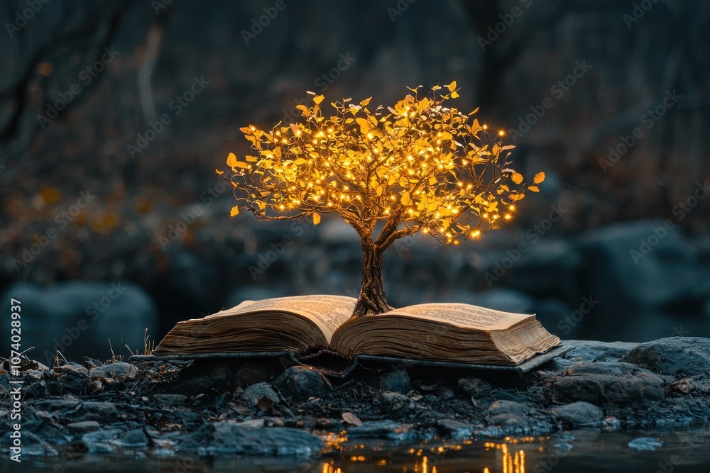 Poster A Tree of Light Growing from an Open Book in a Forest