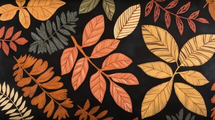 Leaf-print fabric in warm autumn colors with detailed patterns and earthy texture