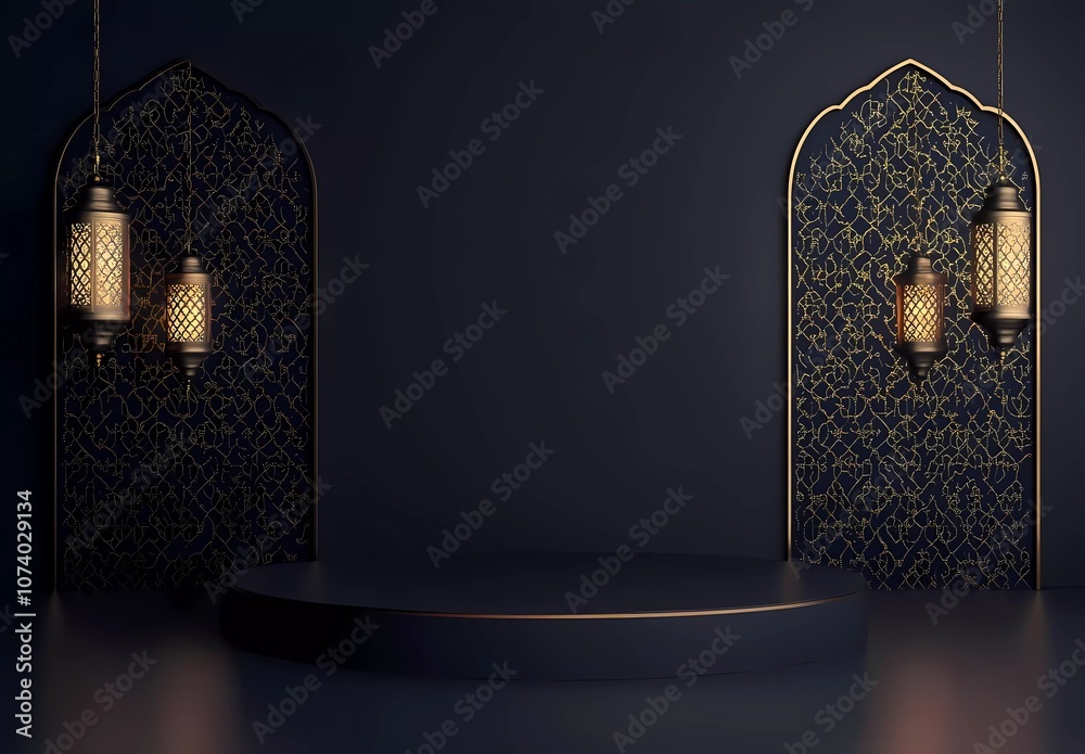 Fototapete simple vector dark blue background with islamic patterns and lanterns hanging on the wall, empty pod