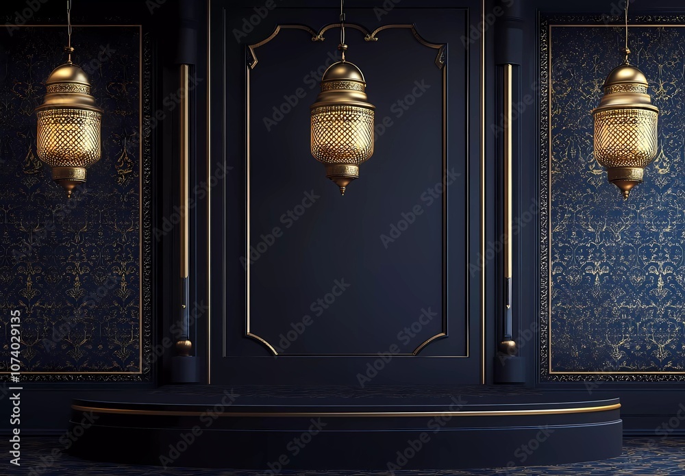 Fototapete simple vector dark blue background with islamic patterns and lanterns hanging on the wall, empty pod