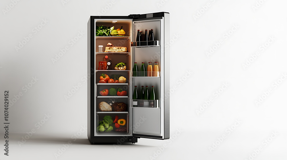 Poster Side view of an open fridge with food and drinks against a white background