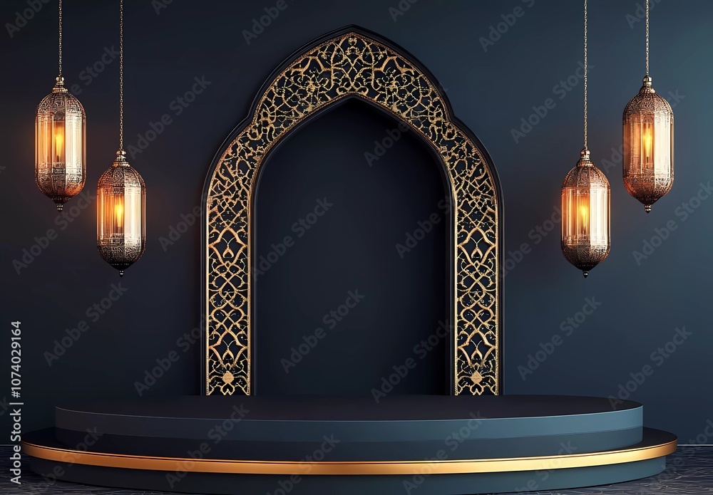 Fototapete simple vector dark blue background with islamic patterns and lanterns hanging on the wall, empty pod