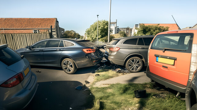 Auto accident involving two cars on a small street while parking, a silver car and a blue car in a end end collision during sunny day.