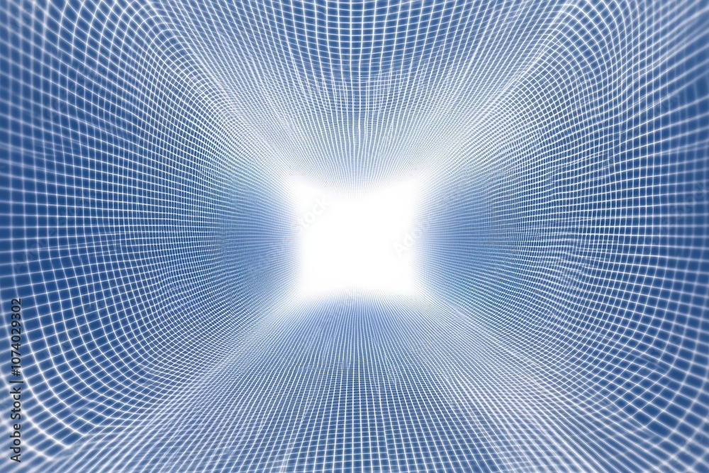 Fototapete Blue and white network lines weave together in a dynamic 3D structure, culminating in a bright central glow that draws attention. Generative AI