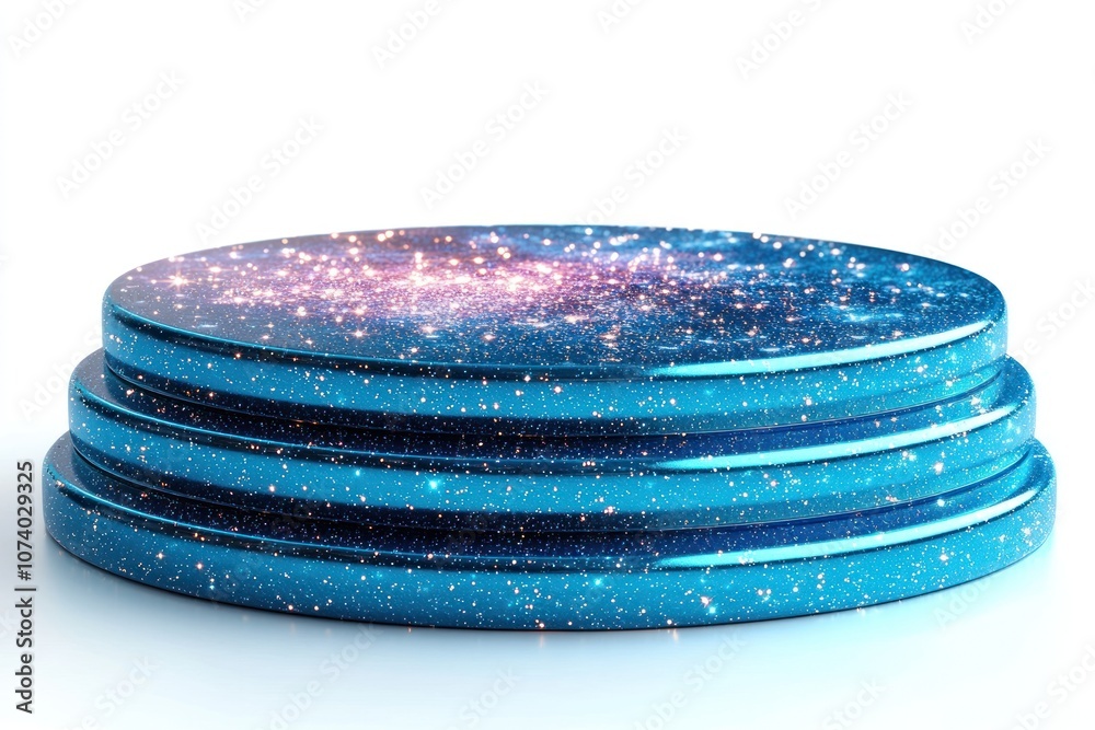 Poster stacked round platform with glittering blue surface and galaxy pattern