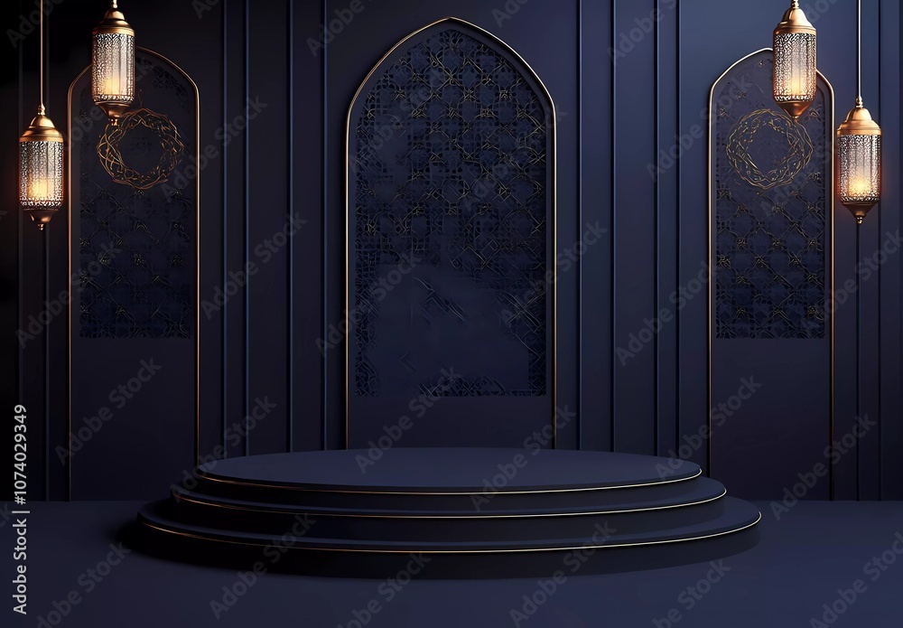 Fototapete simple vector dark blue background with golden islamic patterns and lanterns hanging on the wall, po