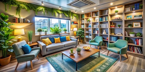 Obraz premium Aerial View of a Professional Psychologist's Office with Comfortable Seating, Bookshelves, and Calming Decor for Mental Health Therapy Sessions