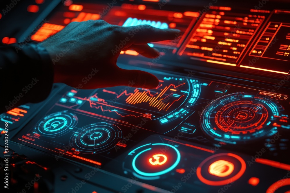 Poster A Hand Interacting with a Futuristic Interface Displaying Data and Graphs