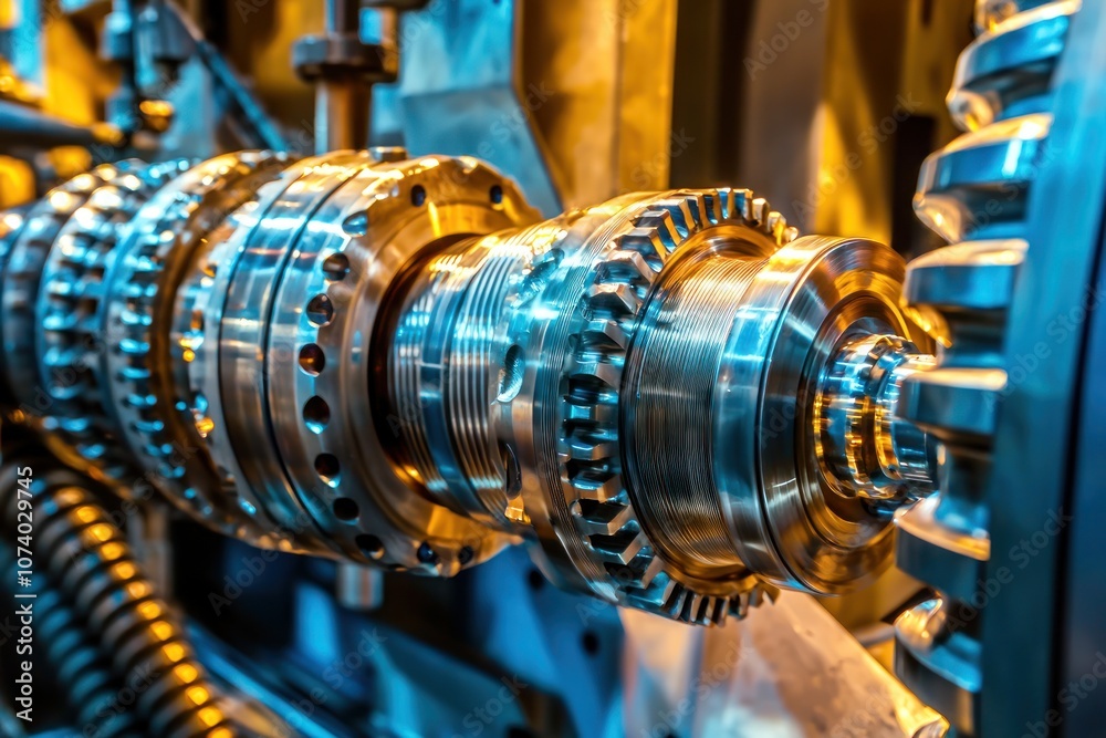 Poster close-up of a shiny, complex gear system with interlocking parts