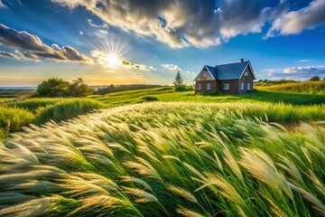 Fototapeta premium Aerial View of a Serene Field of Tall Grass Embracing a Cozy House in the Background Surrounded by Nature's Tranquility and Greenery