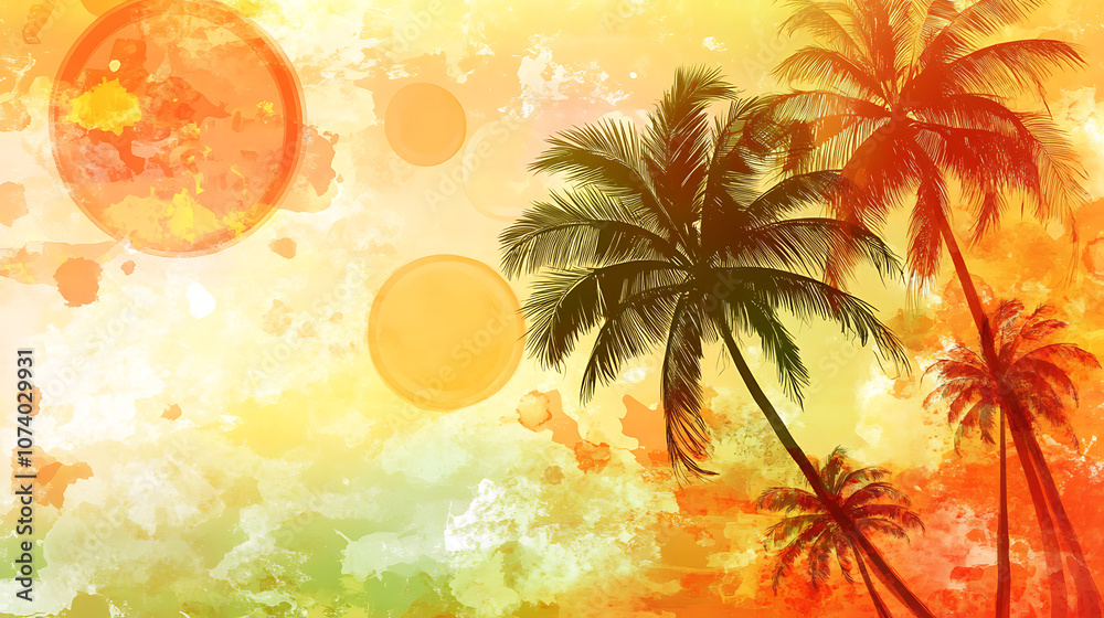 Poster abstract summer background with palm trees, sun and orange color