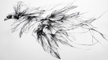 Line art of delicate feathers with intricate lines and texture, beautifully detailed on white