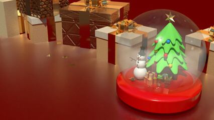 The Snow man in glass ball and gift box for holiday and celebration  concept 3d rendering.