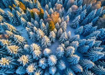 Aerial View of a Stunning Snowy Winter Forest with Frozen Trees Captured in Candid Photography, Showcasing Nature’s Beauty in a Serene Winter Wonderland