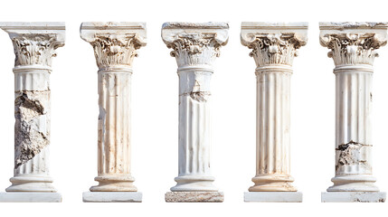Naklejka premium Ancient greek white marble columns in a row isolated on white background architectural elements