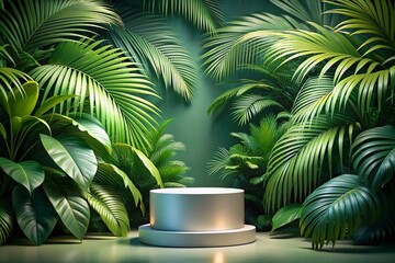 Obraz premium Aerial View of a Stylish Product Podium Surrounded by Lush Tropical Palm Leaves for Creative Marketing and Advertising Campaigns