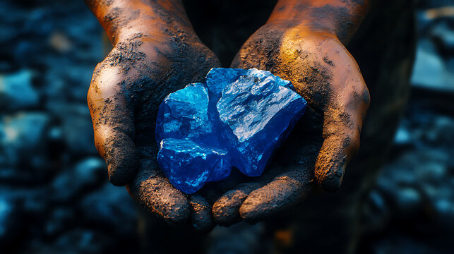 Artisanal cobalt mining miner holds valuable blue mineral deposit symbol of ethical sourcing digital illustration