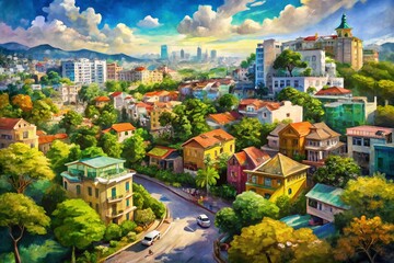 Obraz premium Aerial View of a Vibrant City Transformed into a Watercolor Painting, Capturing the Essence of Urban Life with Colorful Buildings and Lush Green Spaces