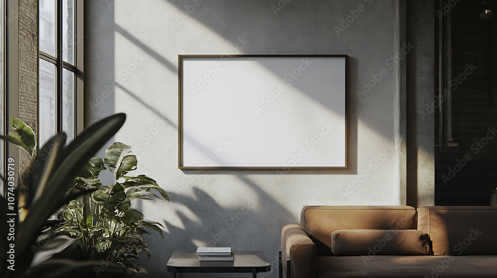 Aufkleber blank framed a2 poster mockup on stylish apartment wall ready for customization 3d rendering