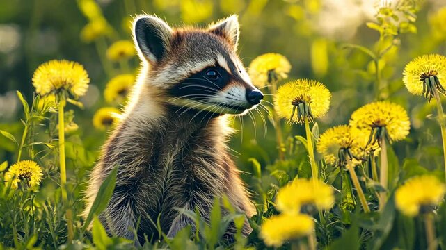 small raccoon sitting amidst bright green dandelions with a curious look and relaxed demeanor