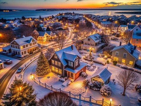 Aerial View of Christmas Celebrations in Chatham, Cape Cod: Snowy Streets, Twinkling Lights, and Festive Decorations Capturing the Holiday Spirit in New England's Coastal Town