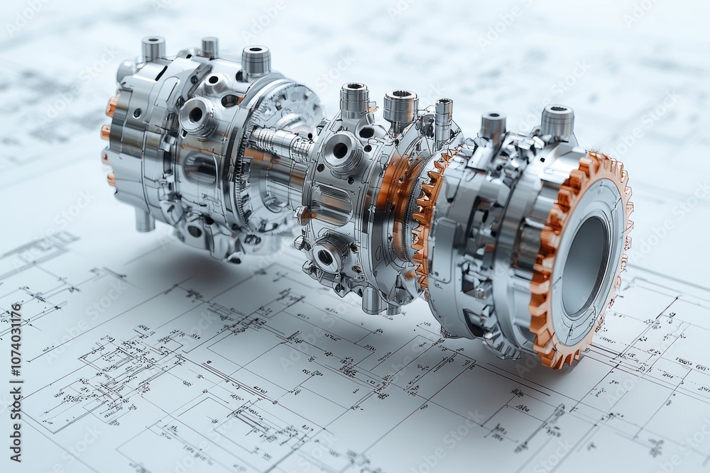 Poster chrome and copper gear mechanism on a technical blueprint
