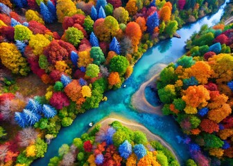 Obraz premium Aerial View of Colorful Watercolor Wiggle Strokes Overlapping in a Serene Landscape, Showcasing Artistic Patterns and Vibrant Hues Reflecting Nature's Beauty and Creativity