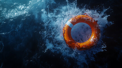 Dramatic splash created by a lifebuoy ring floating in deep blue ocean water rescue concept