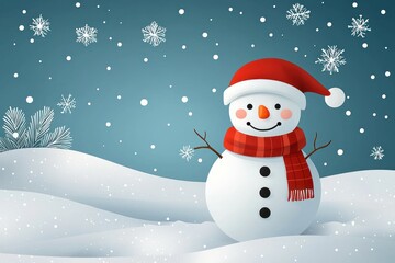 Fototapeta premium A Cheerful Snowman in a Red Hat and Scarf, Standing in Snowy Landscape