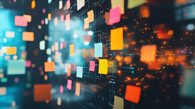 Digital brainstorming session virtual postit notes on smart board blurred background