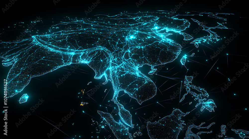 Poster Digital map of southeast asia with glowing network connections representing global connectivity data exchange and telecommunication abstract 3d rendering