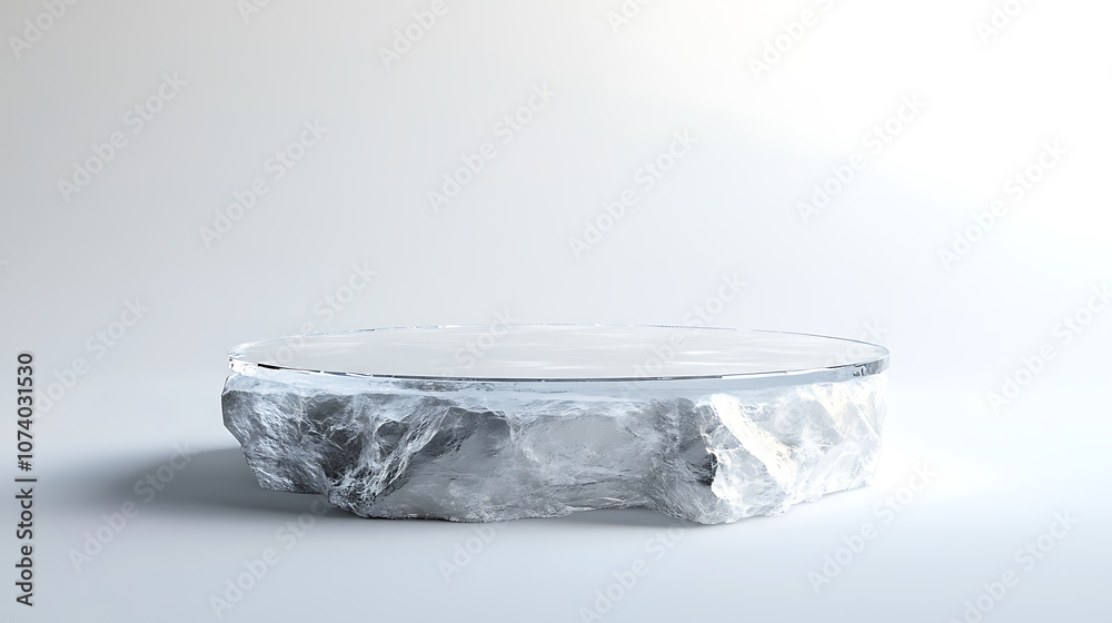 Poster elegant clear glass stone podium on white background with subtle light effects 3d rendering illustra