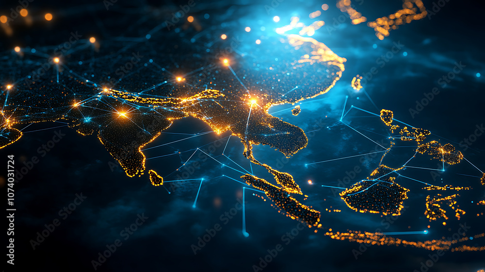 Leinwandbilder digital map of southeast asia with glowing network connections representing global connectivity data