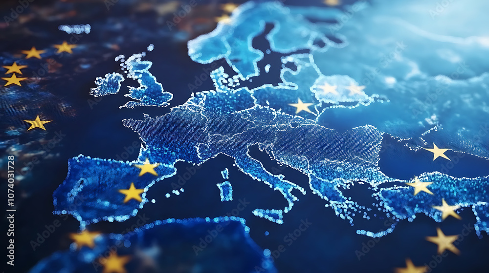 Poster Digital map of western europe depicting eu network connectivity abstract technology concept illustration
