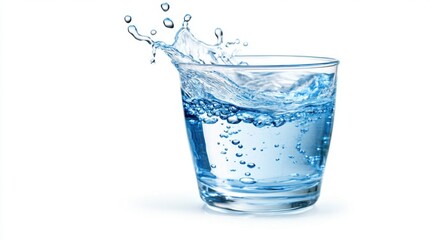 Mid-motion splash of water spilling from a glass, droplets isolated, on a bright white background