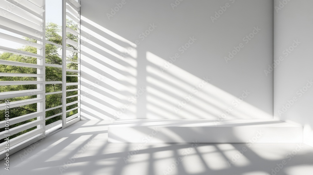 Wall mural minimalist abstract white background with linear patterns and shadows, giving a refined, modern touc