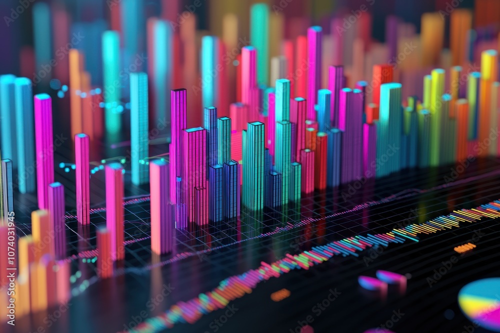 Poster abstract cityscape with neon lights and data visualization